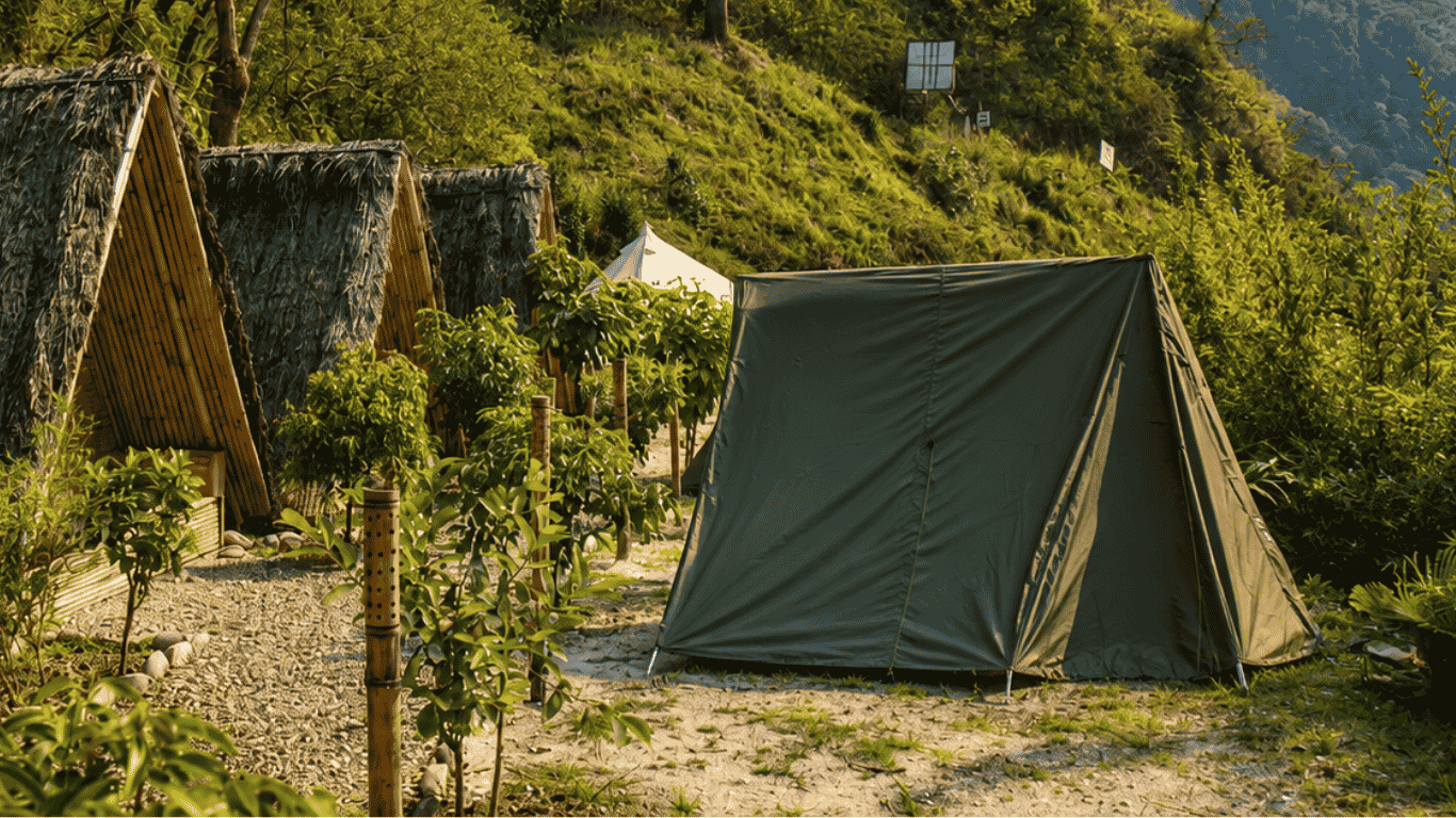 Glamping tent interior at Triangles Resort, Sukute Beach
